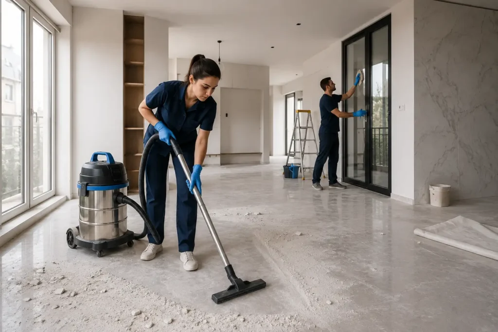Profissional a realizar limpeza pós obra num apartamento remodelado em Lisboa.