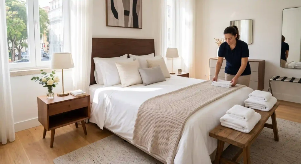 Profissional da Honestcare a preparar um quarto luminoso de um Airbnb, colocando toalhas limpas numa cama impecavelmente feita.