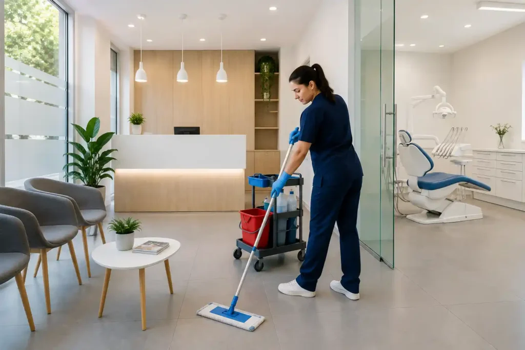 Profissional de limpeza a higienizar uma clínica moderna em Lisboa