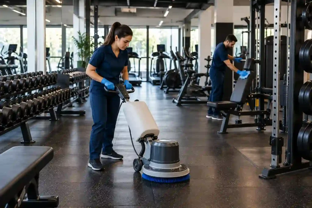 Equipa profissional a realizar limpeza de pavimentos e equipamentos num ginásio moderno.